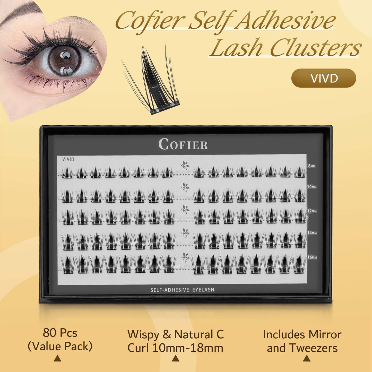 (Invisible Band)Cofier DIY Lash Kit Press on Lash No Glue Lash Self-Adhesive Eyelash Kit with Invisible Band for a Seamless Look, Beginner-Friendly Individual Lashes with Tweezers 80 PCS