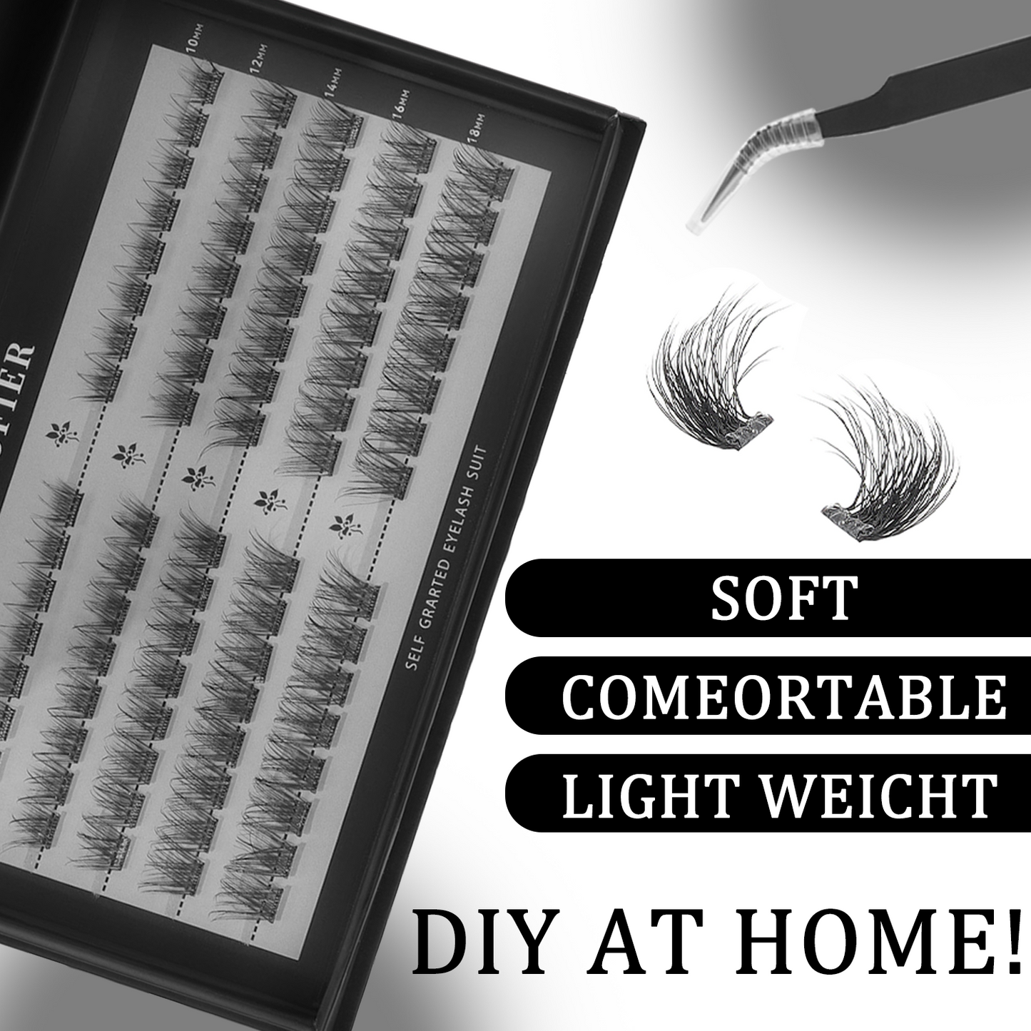 Cofier DIY Lash Kit Press on Lash No Glue Lash Self-Adhesive Eyelash Kit Individual Lashes Beginner Friendly Eyelashes with Tweezers(CAT EYE 10-18MM)