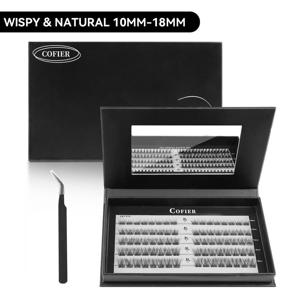 Cofier DIY Lash Kit Press on Lash No Glue Lash Self-Adhesive Eyelash Kit Individual Lashes Beginner Friendly Eyelashes with Tweezers(CAT EYE 10-18MM)