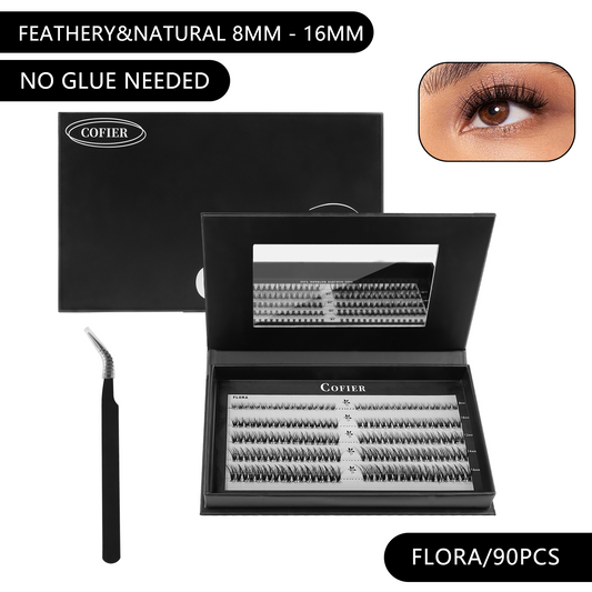 (Airy & Natural) Cofier DIY Lash Kit Press-on No-Glue Self-Adhesive Eyelashes for an Effortless, Seamless Look Beginner-Friendly Lightweight Individual Lashes with Tweezers 90 PCS