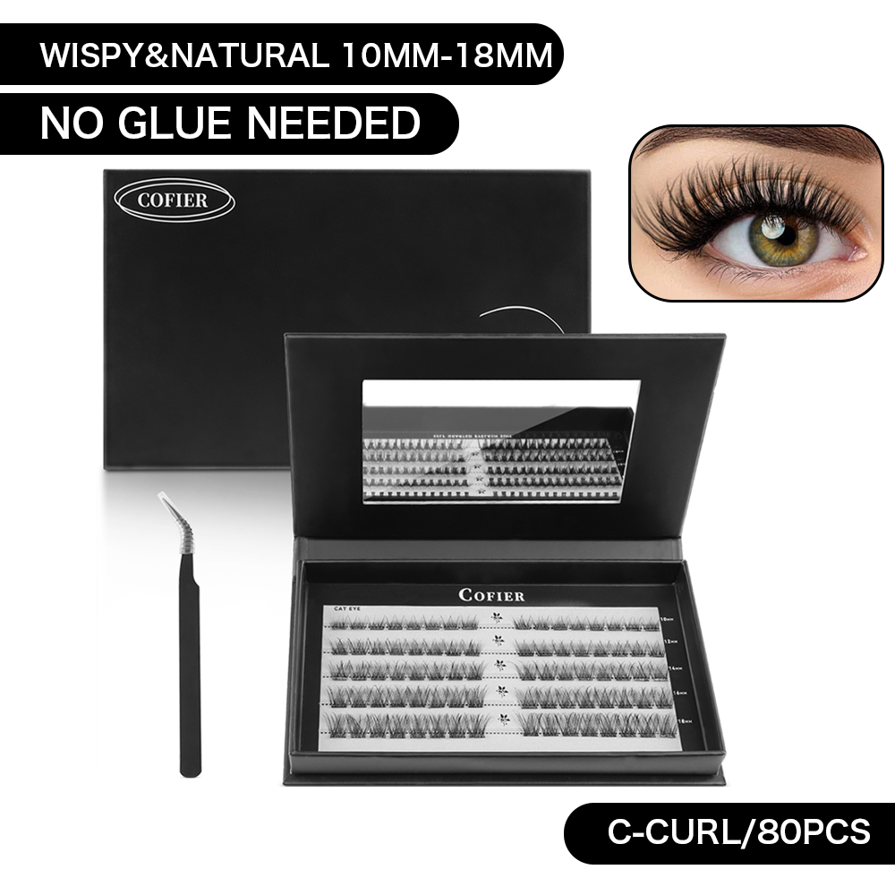 Cofier DIY Lash Kit Press on Lash No Glue Lash Self-Adhesive Eyelash Kit Individual Lashes Beginner Friendly Eyelashes with Tweezers(CAT EYE 10-18MM)