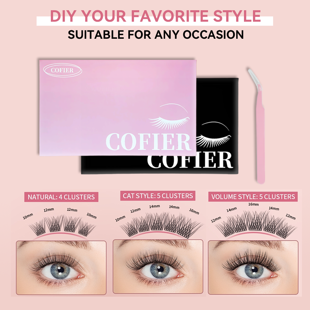 Cofier DIY 5D Lash Kit Press on Lash No Glue Lash Self-Adhesive Eyelash Kit Individual Lashes Beginner Friendly Eyelashes with Tweezers Fluffy 10-20MM