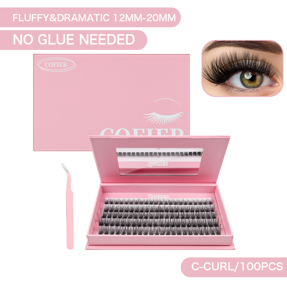 Cofier DIY 5D Lash Kit Press on Lash No Glue Lash Self-Adhesive Eyelash Kit Individual Lashes Beginner Friendly Eyelashes with Tweezers Fluffy 10-20MM