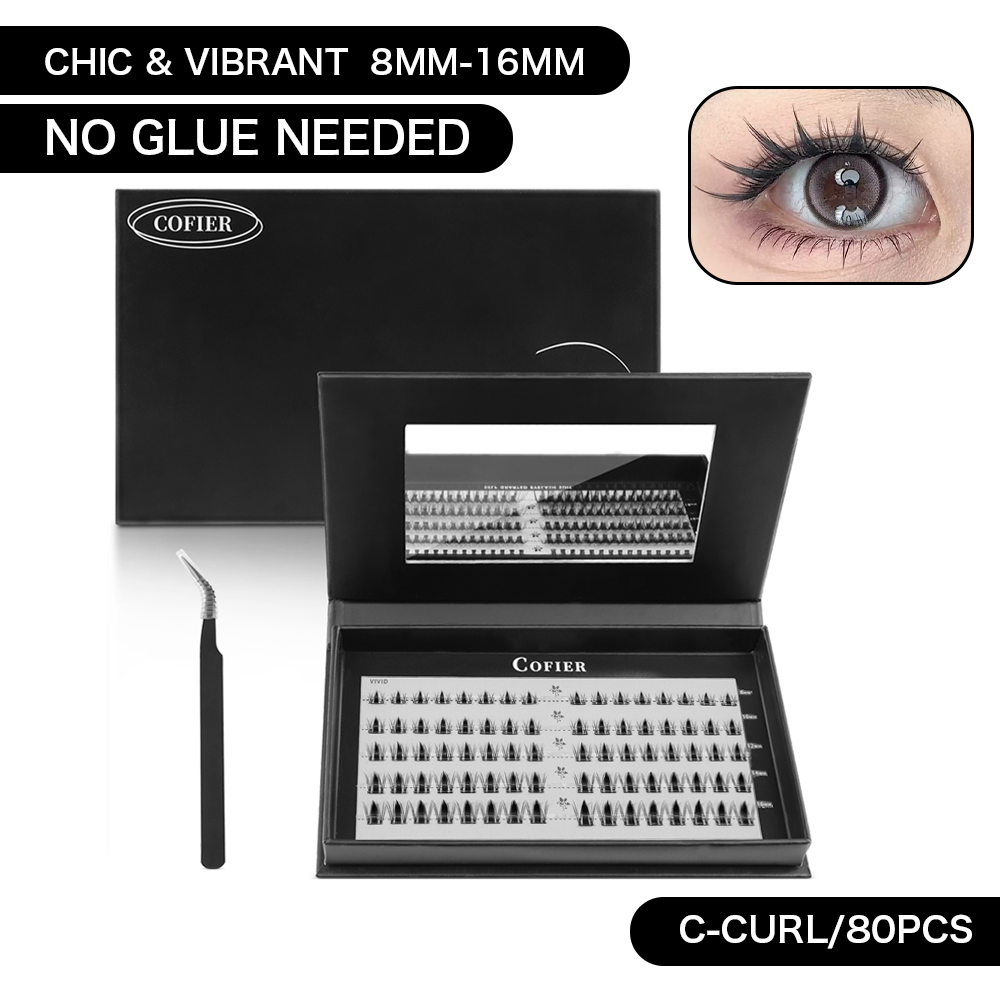（Invisible Band）Cofier DIY Lash Kit Press on Lash No Glue Lash Self-Adhesive Eyelash Kit with Invisible Band for a Seamless Look, Beginner-Friendly Individual Lashes with Tweezers 80 PCS