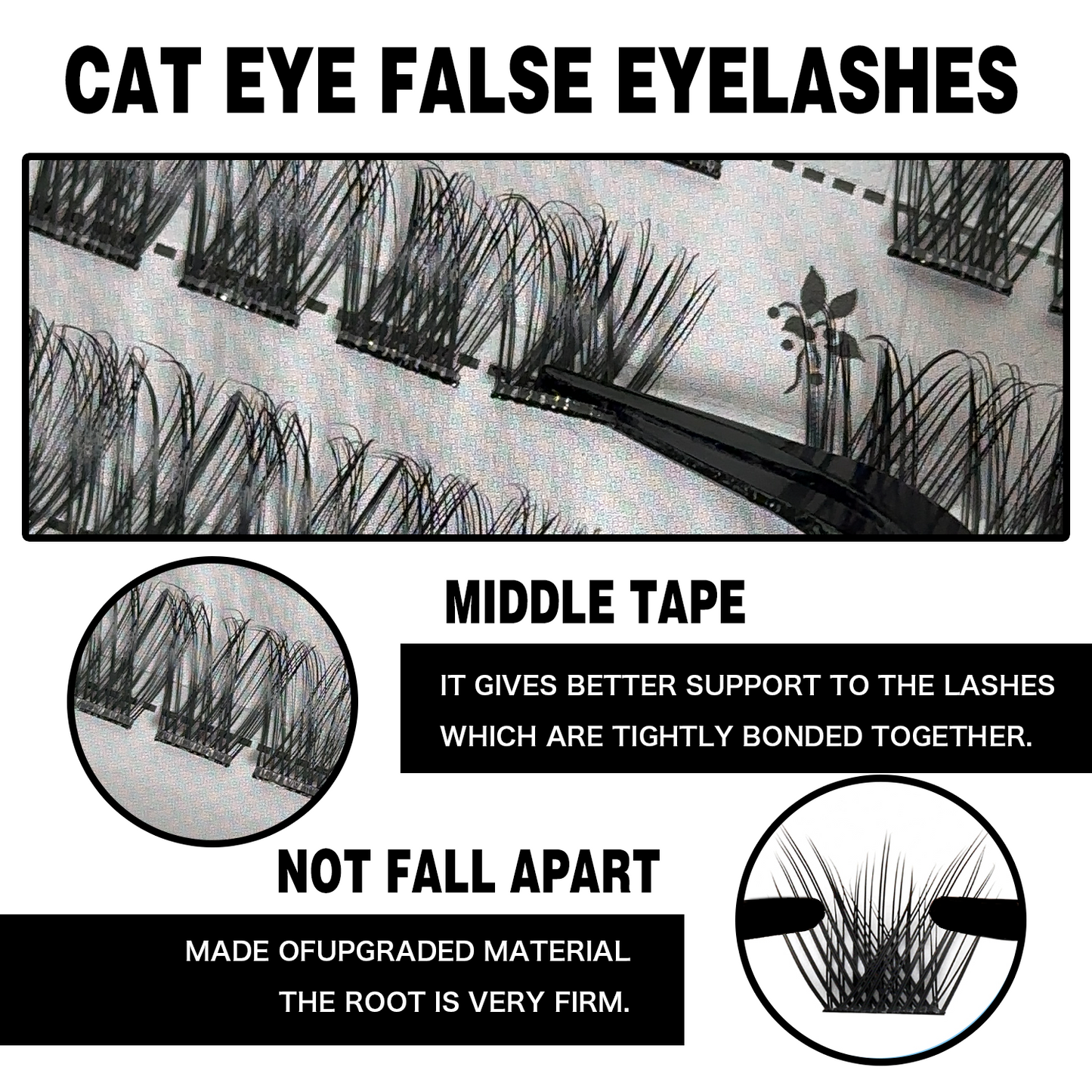 Cofier DIY Lash Kit Press on Lash No Glue Lash Self-Adhesive Eyelash Kit Individual Lashes Beginner Friendly Eyelashes with Tweezers(CAT EYE 10-18MM)